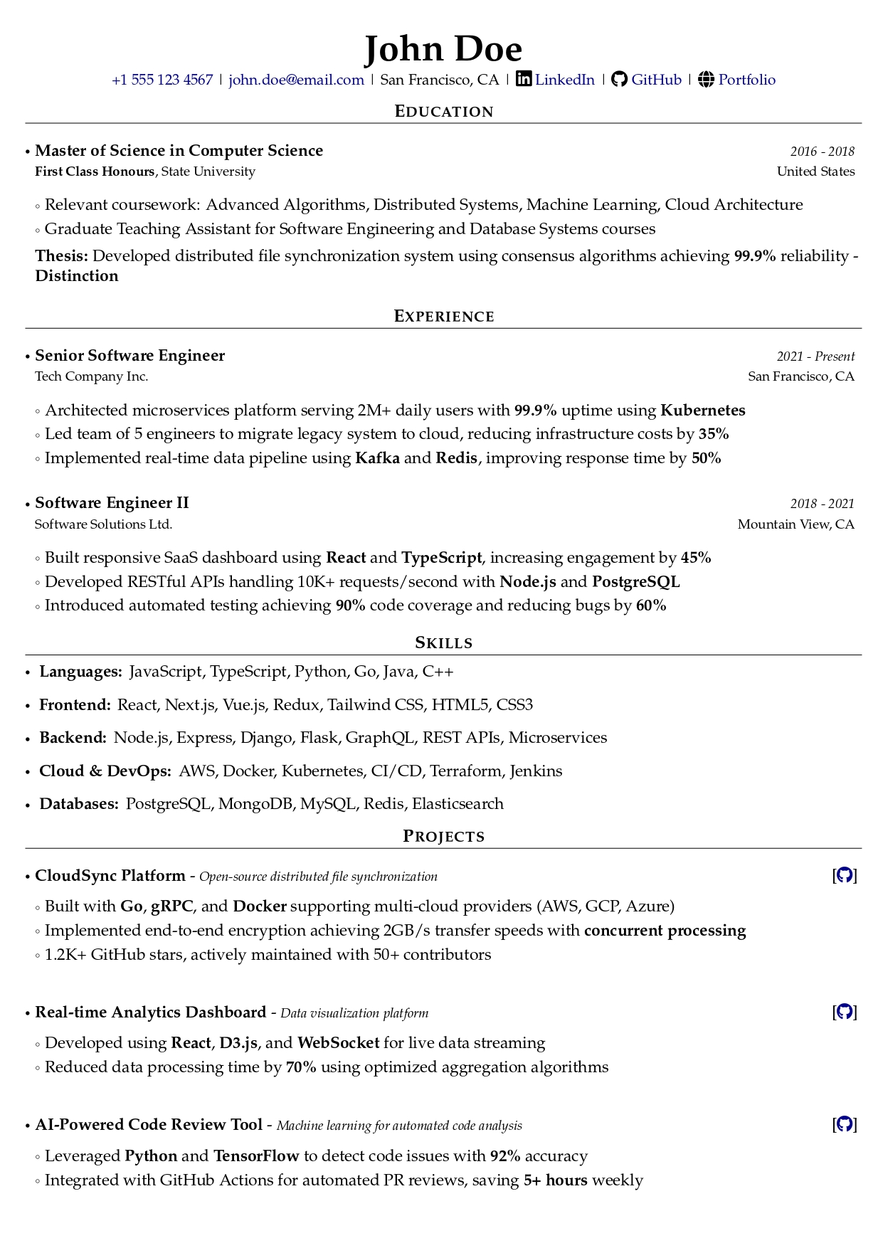 An example of a LaTeX-generated CV from Jobbital — clean single-column layout, standard headings, no graphics, perfectly ATS-compatible.